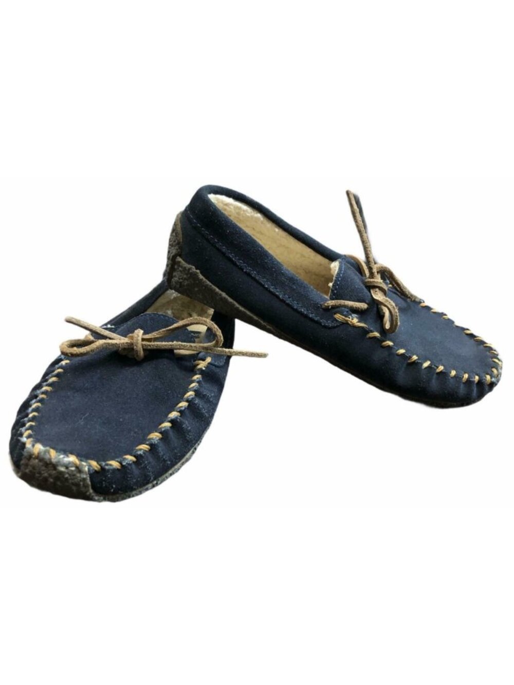 Lands End Moccasin Slippers Boys 2M Tan Navy Blue Suede Leather Faux Fur Lining